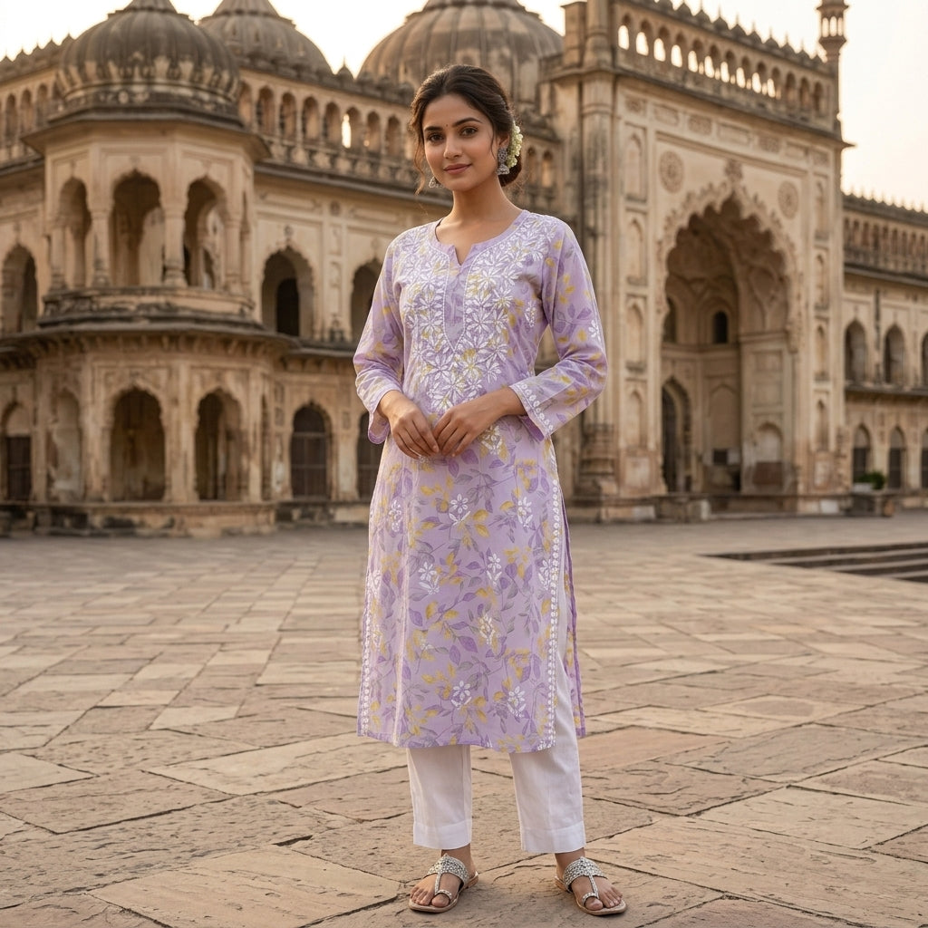 “Lilac Garden" Printed Chikankari Kurta Set