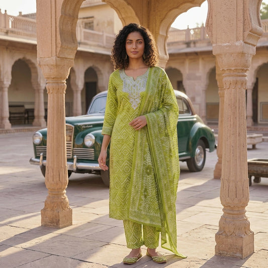 Elegant Green Cotton Suit Set for Women | Soft, Breathable & Comfortable